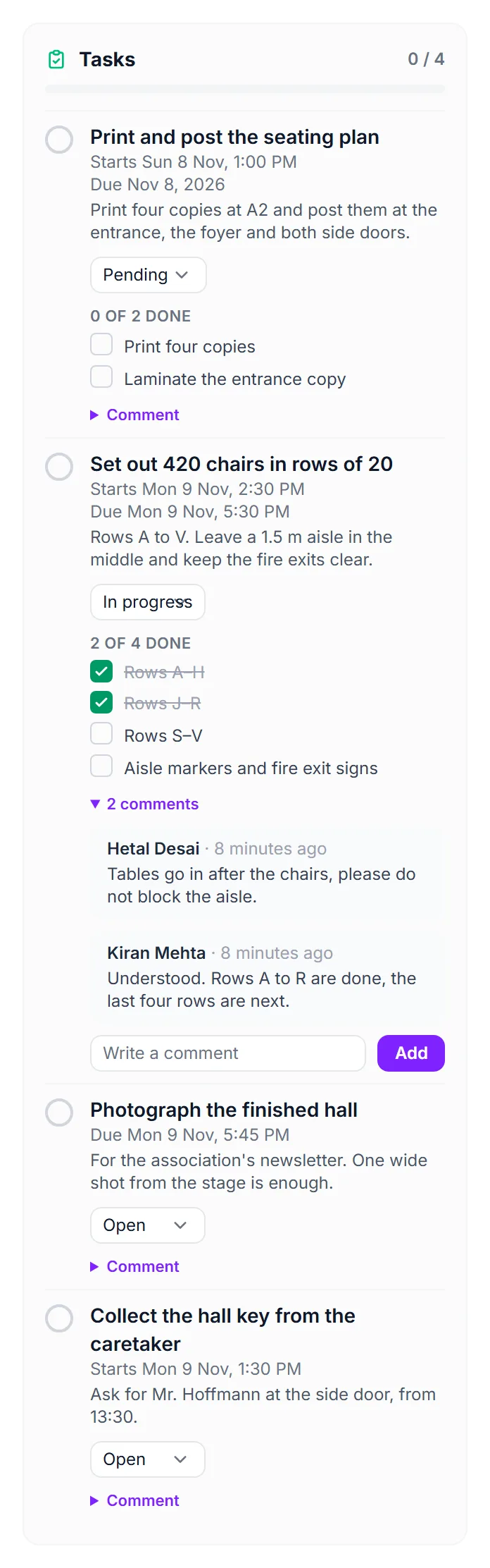 The tasks of the Diwali Gala: a board task, a task with a checklist and comments, and two team tasks