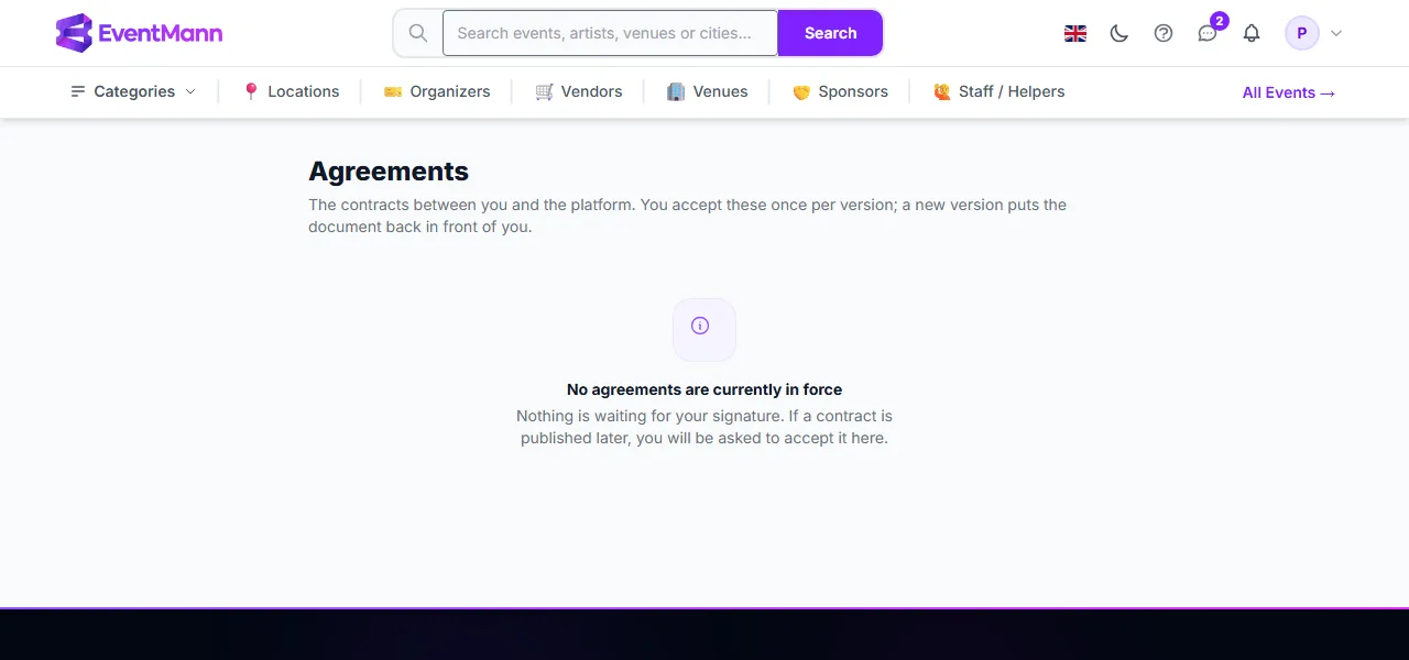 The Agreements page when no contract is in force