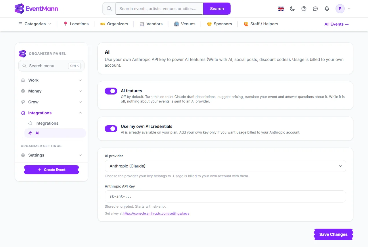 Integrations, AI: the master switch, the provider and your own key
