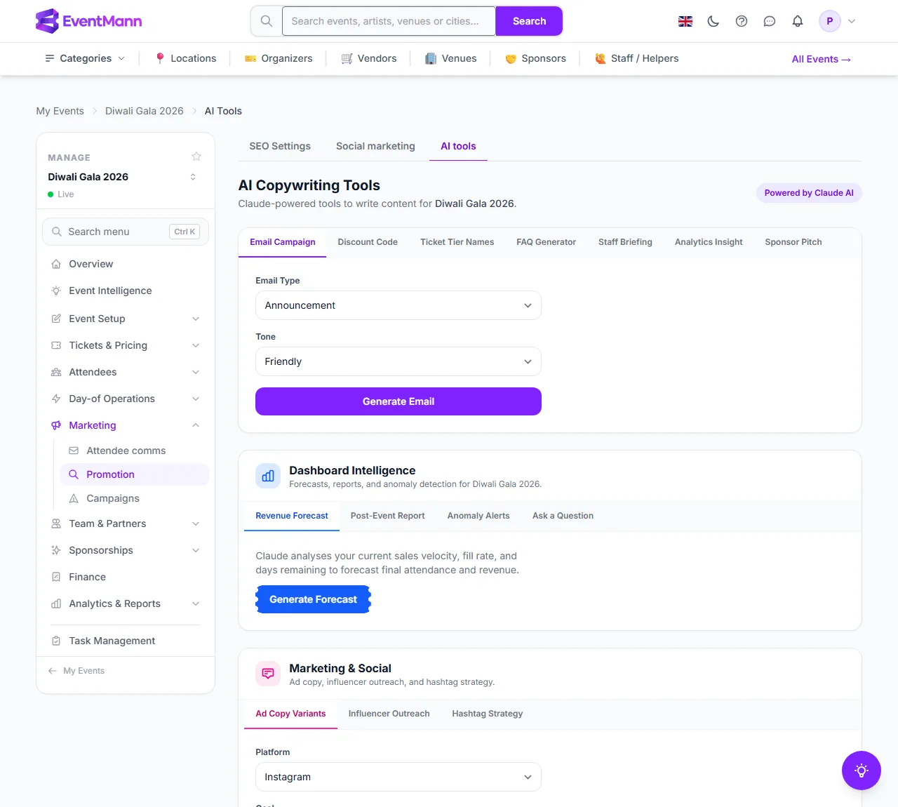 The AI tools tab of an event: tool groups with their tabs