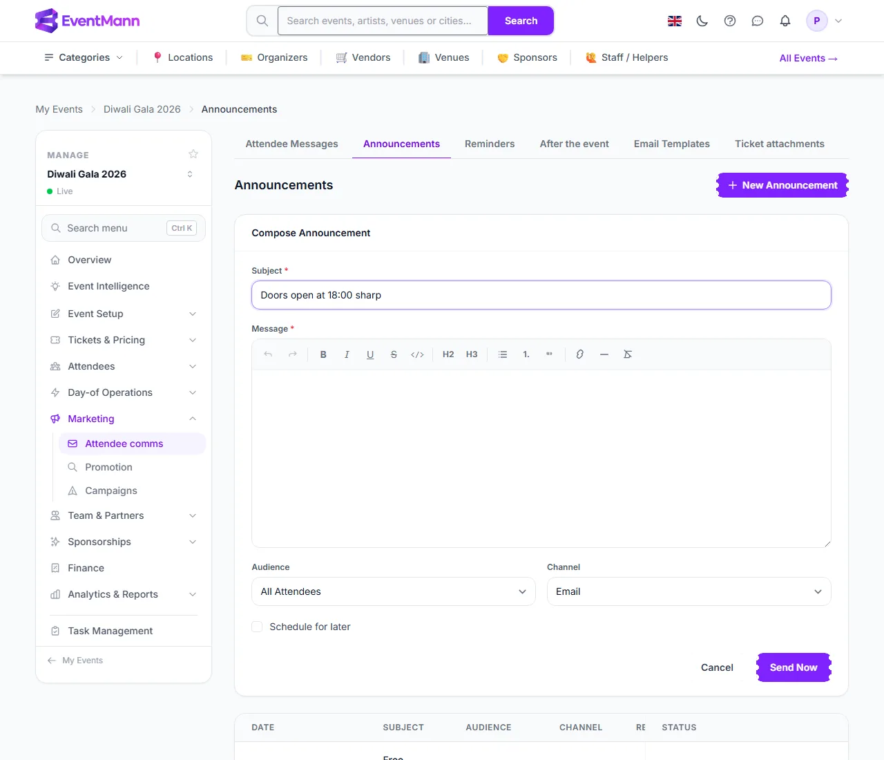 The Compose Announcement form