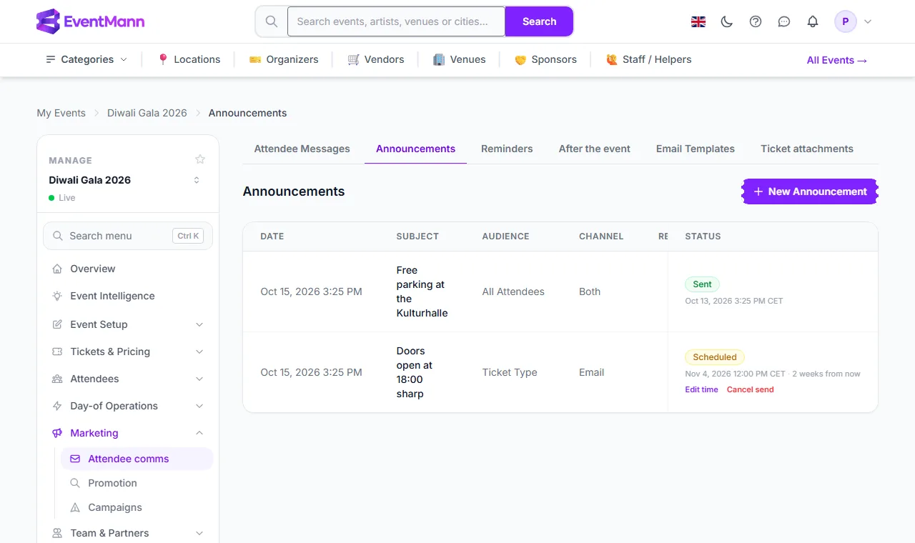 The Announcements tab: one sent, one scheduled