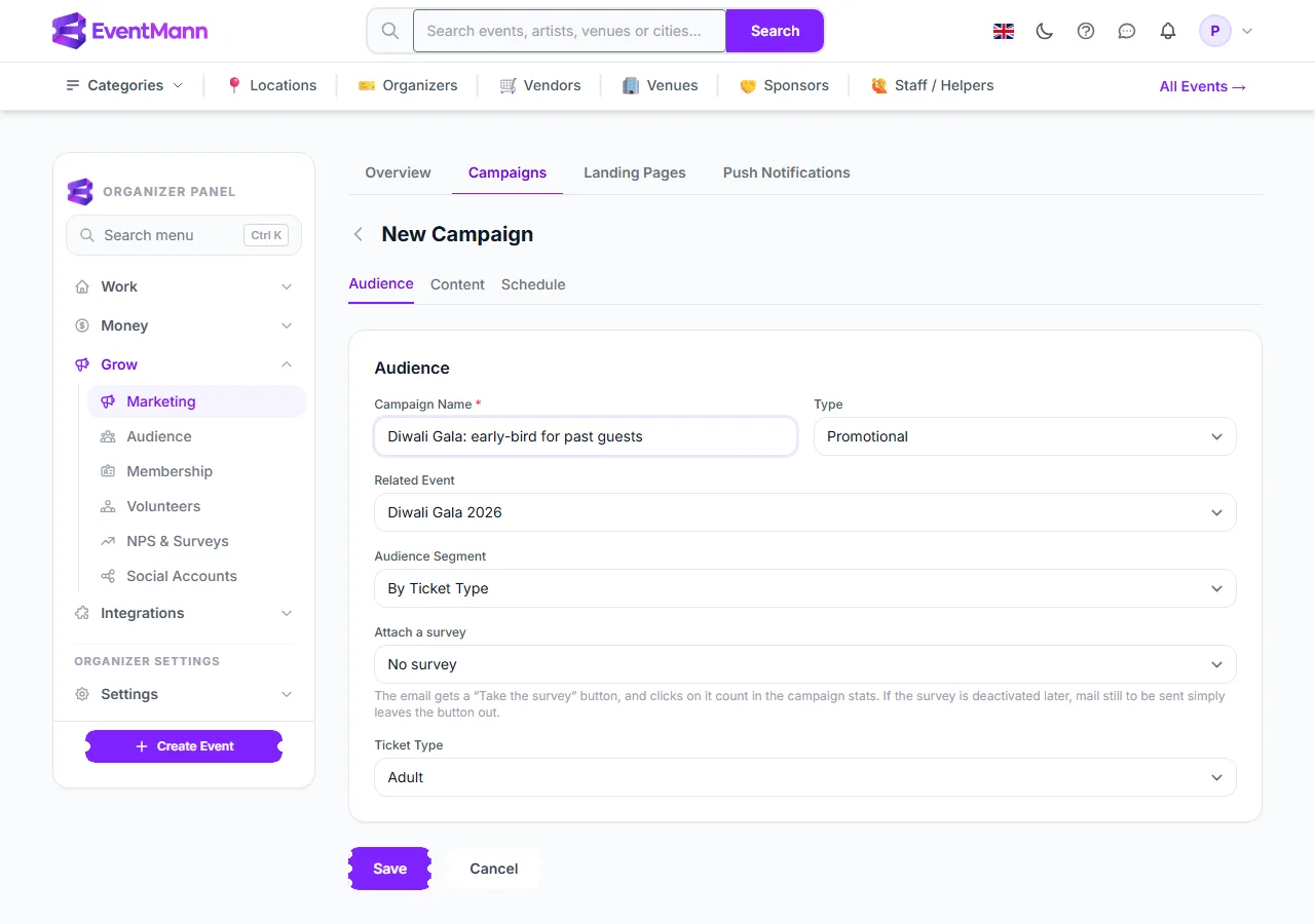 The Audience tab with an event and the By Ticket Type segment chosen