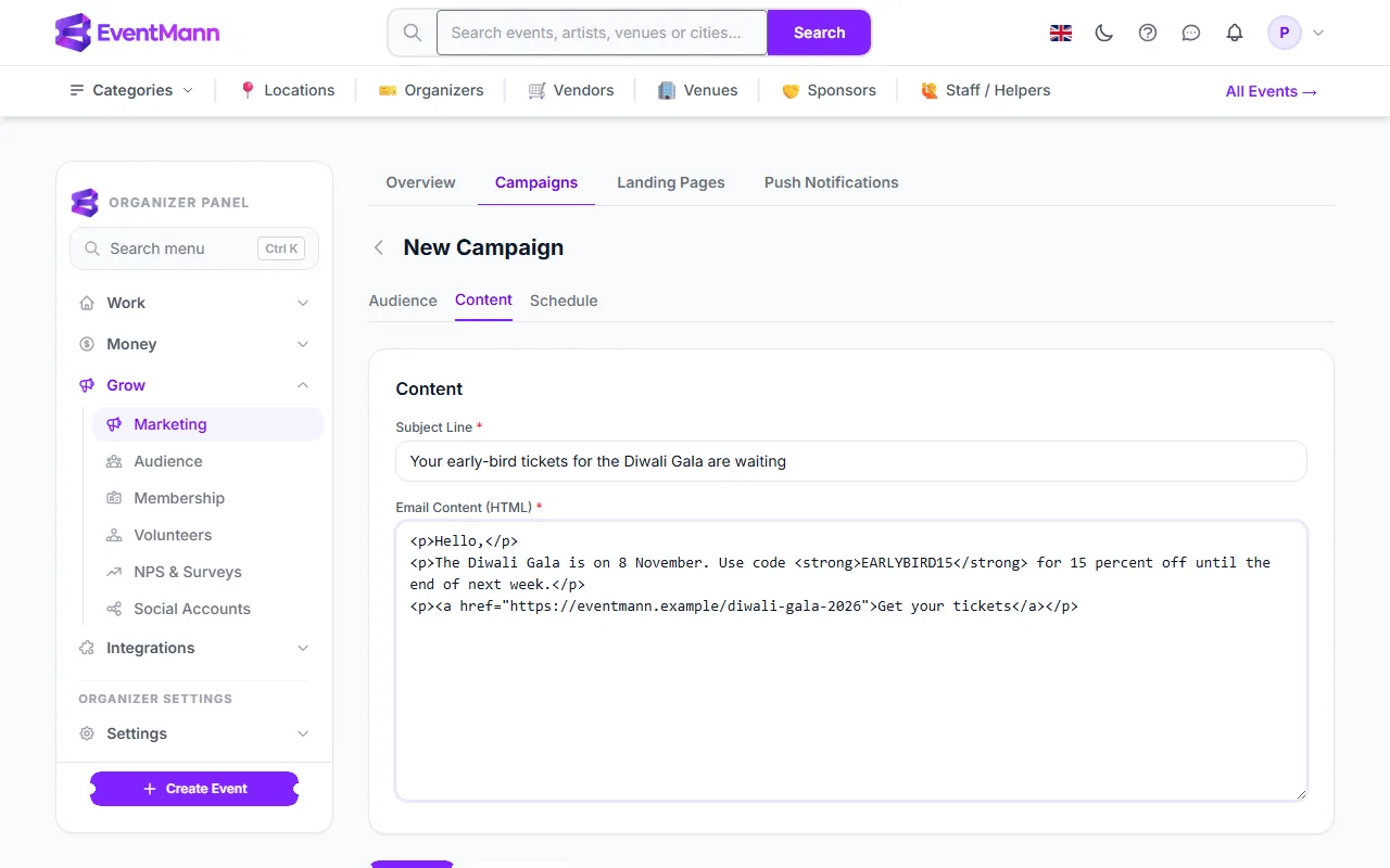 The Content tab with a subject line and a short HTML message