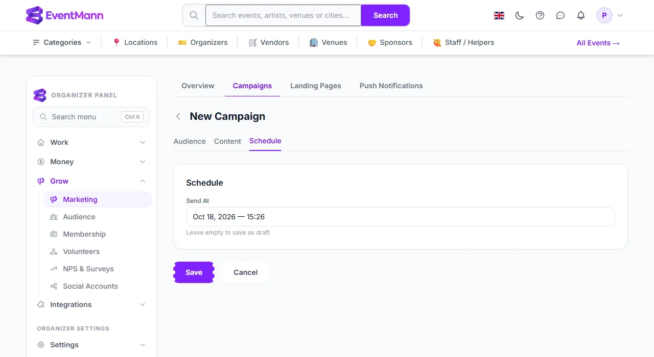 The Schedule tab with a send time set three days ahead