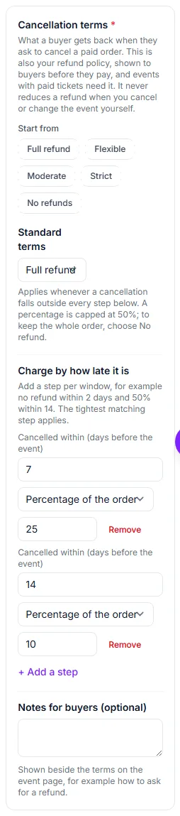 The Cancellation terms section: presets, standard terms and two steps by how late the cancellation is