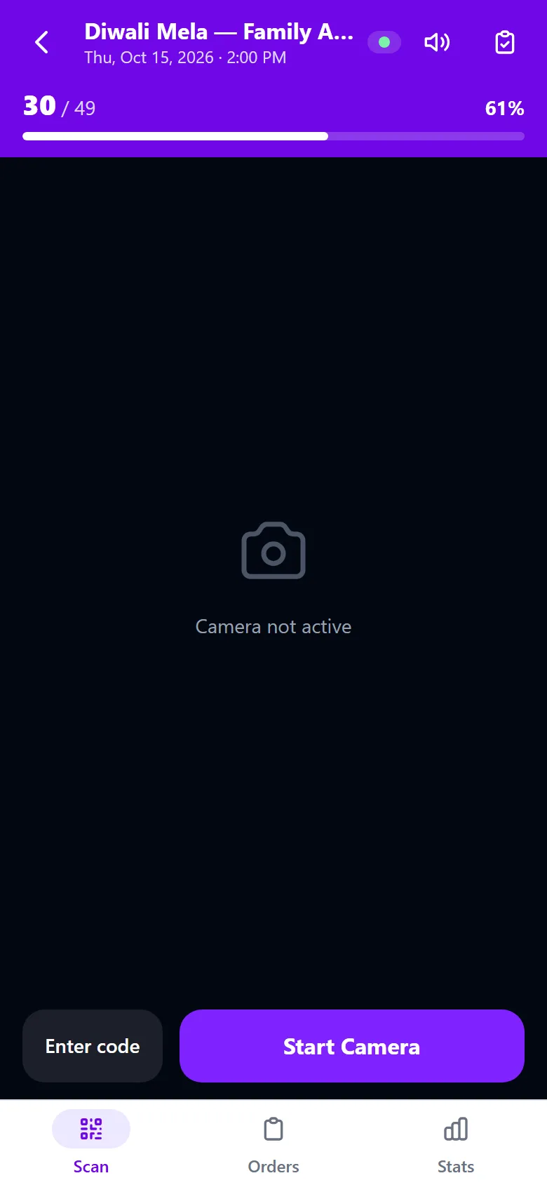 The Scan tab on a phone: progress bar, Enter code and Start Camera