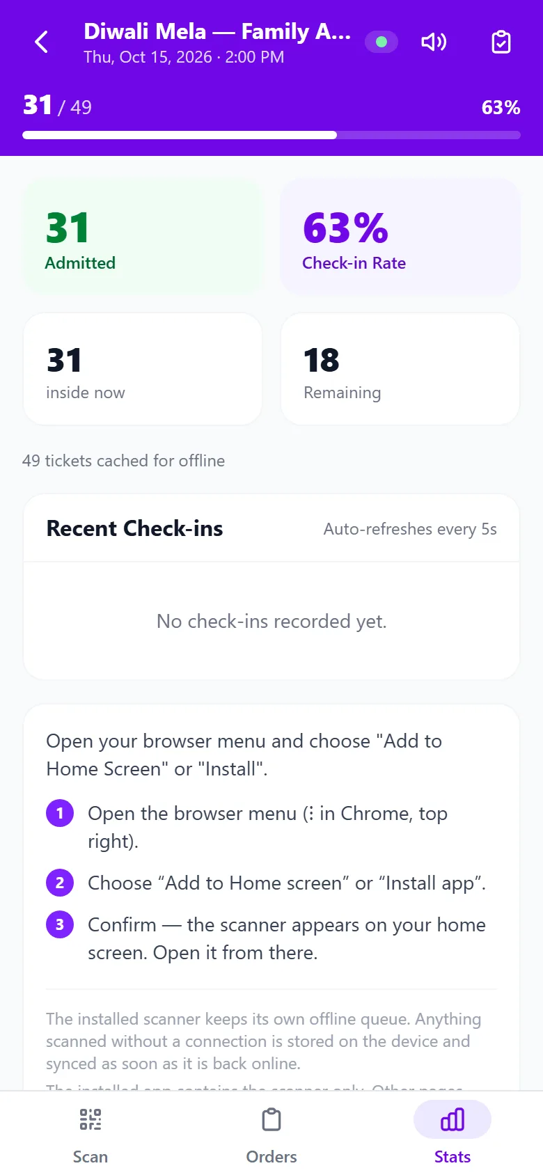 The Stats tab: admitted, check-in rate, inside now, remaining, tickets cached for offline and the install steps