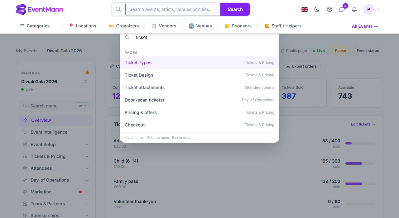 The search bar open with the word “ticket” typed