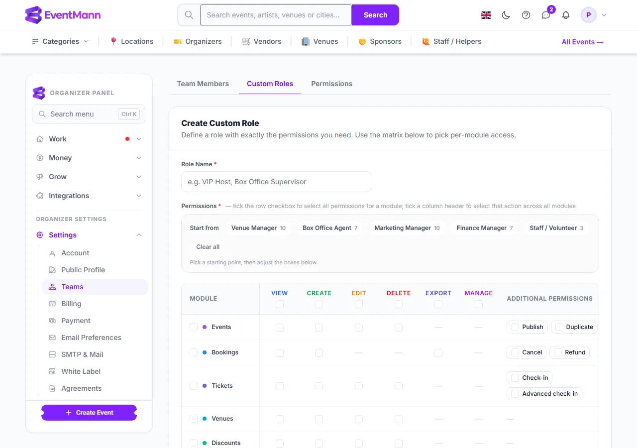 The Create Custom Role form with presets and the permission matrix