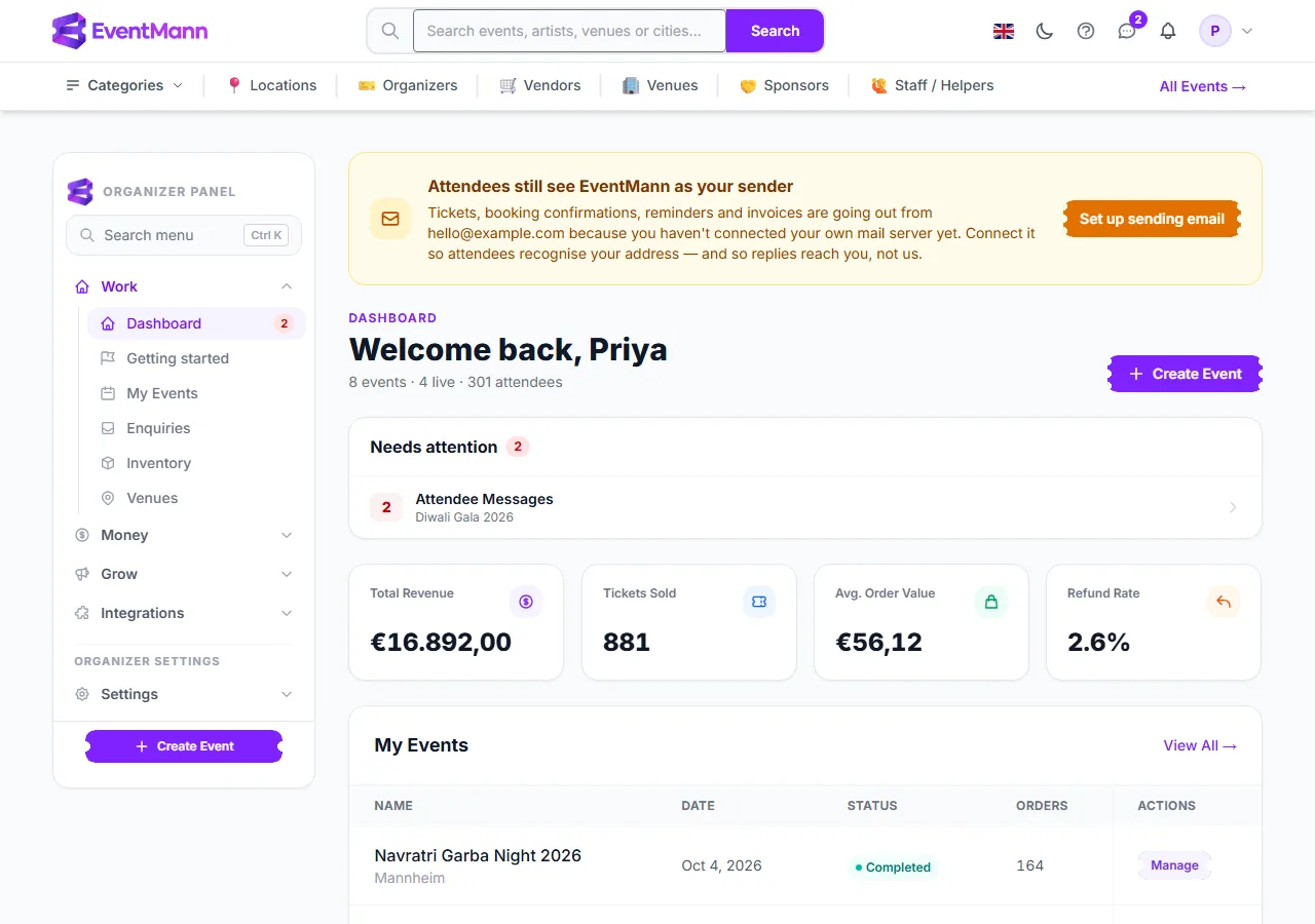 The organizer dashboard: sender banner, Needs attention, the four figures and the Create Event button