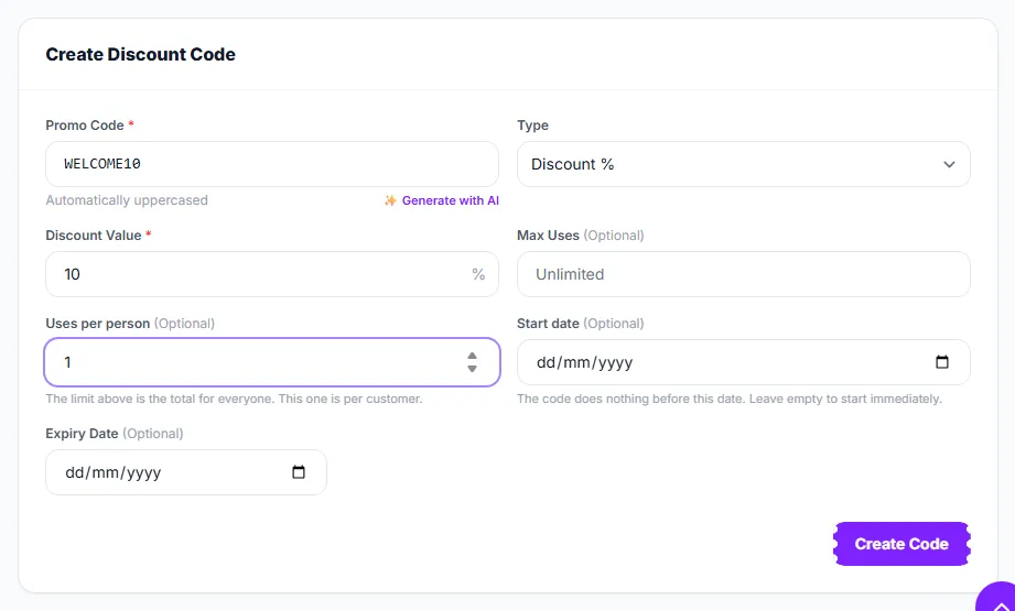 The Create Discount Code form