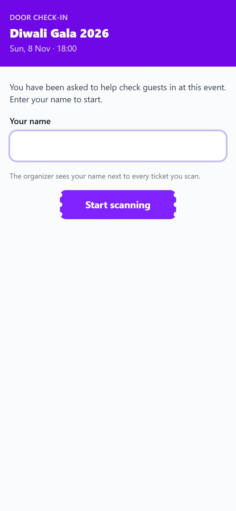 What a helper sees on their phone after opening the pass: a name field and Start scanning