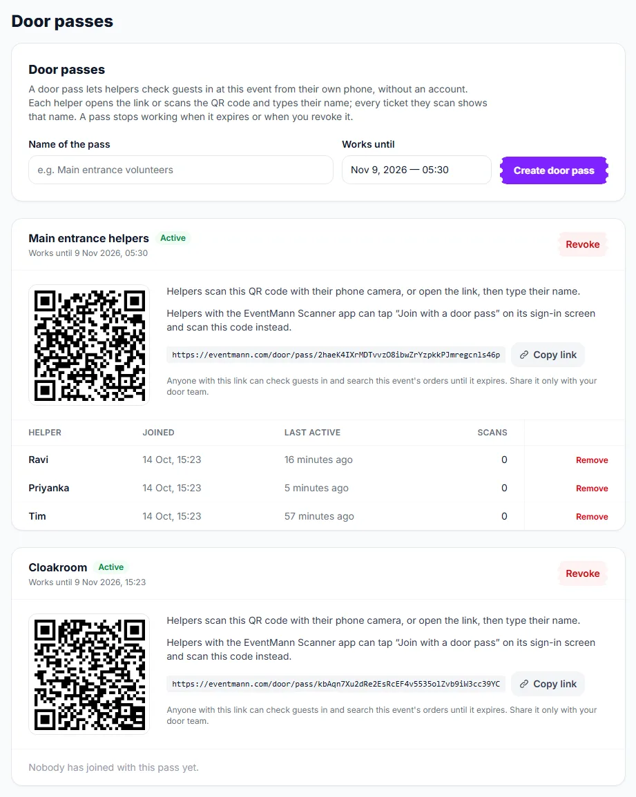 The Door passes page with the create form, a pass with its QR code and link, and the helpers who joined it