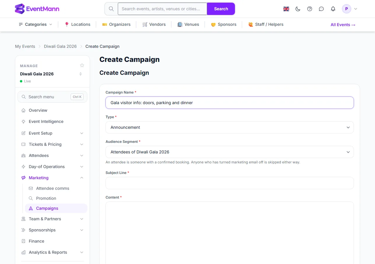 The event campaign form: name, type, audience, subject, content and schedule on one page