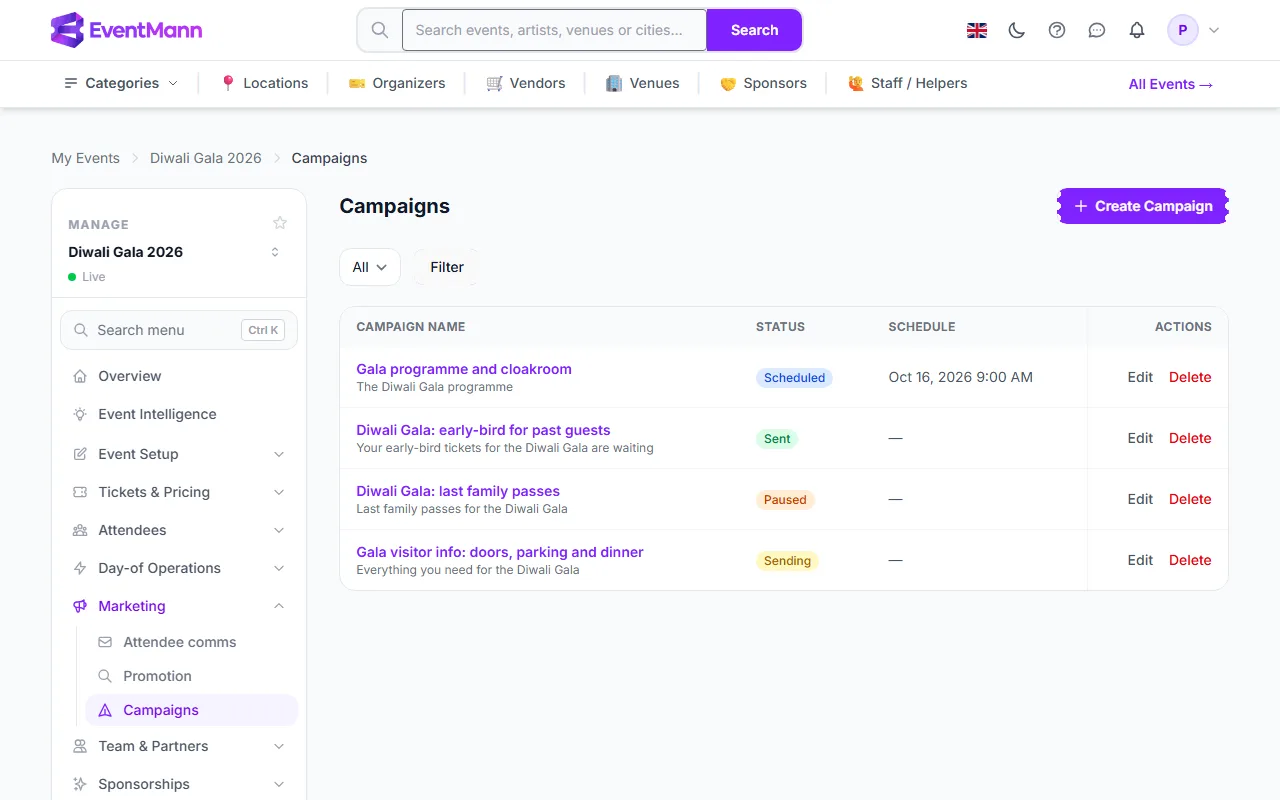 The event’s Campaigns page, reached from the Marketing group of the event sidebar