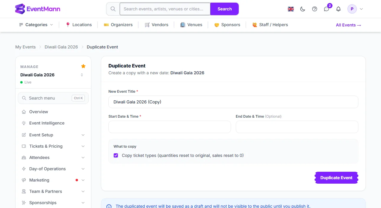 The Duplicate Event form