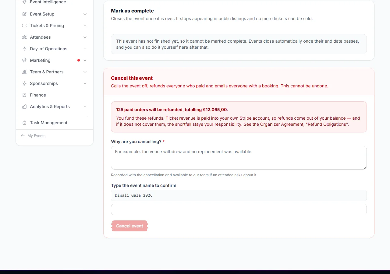 The cancel form with the reason and the confirmation