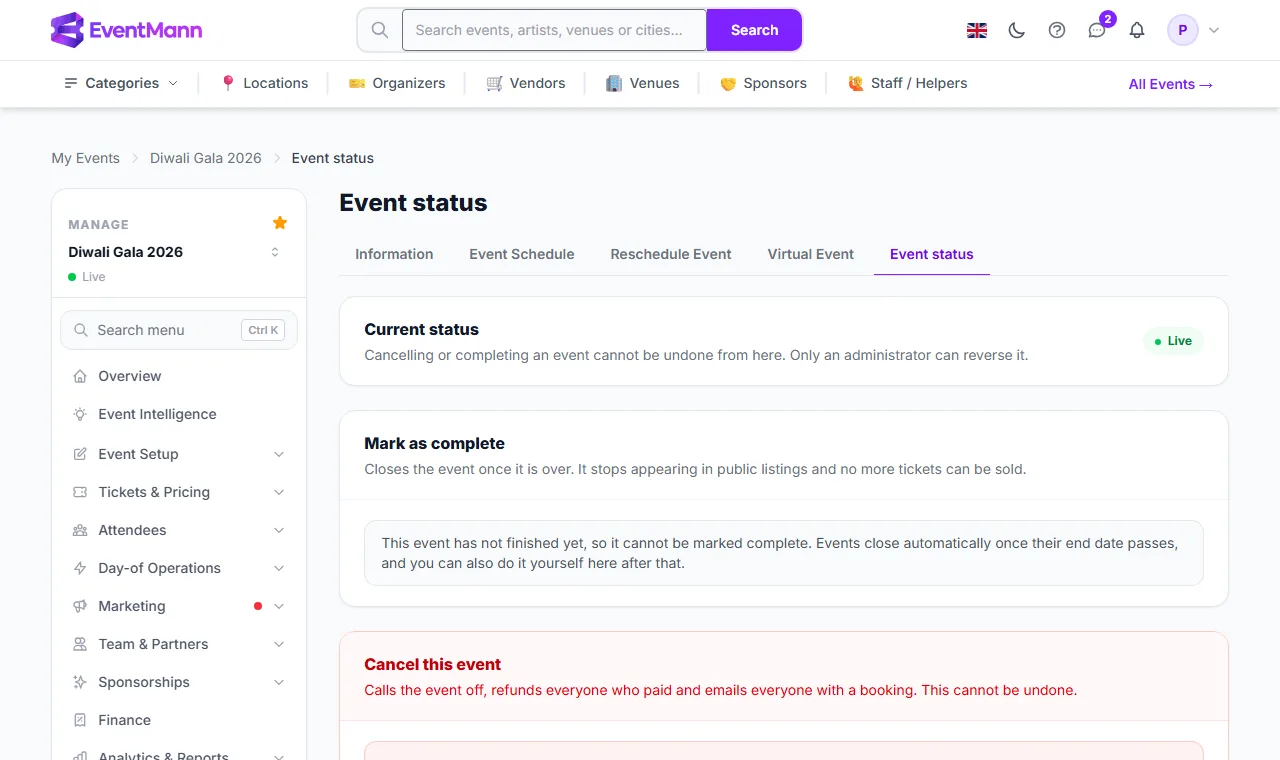 The Event status tab: current status, Mark as complete and Cancel this event
