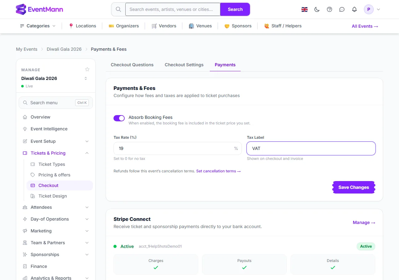 Checkout → Payments for an event: absorb fees, tax rate and label