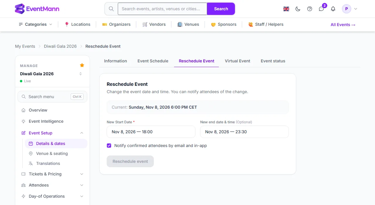 The Reschedule Event form