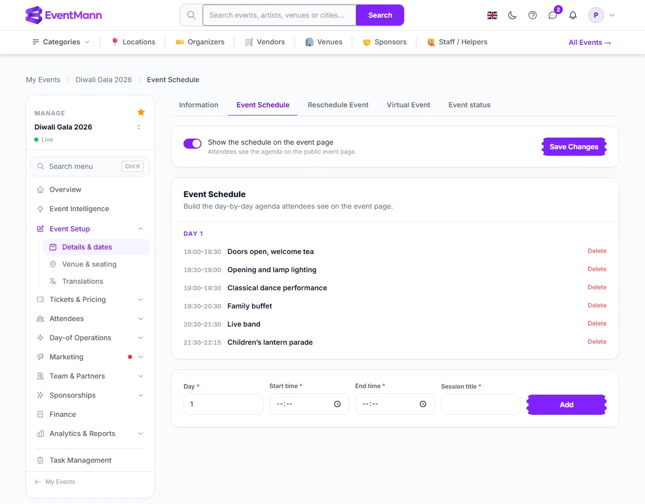 The Event Schedule with six sessions on Day 1