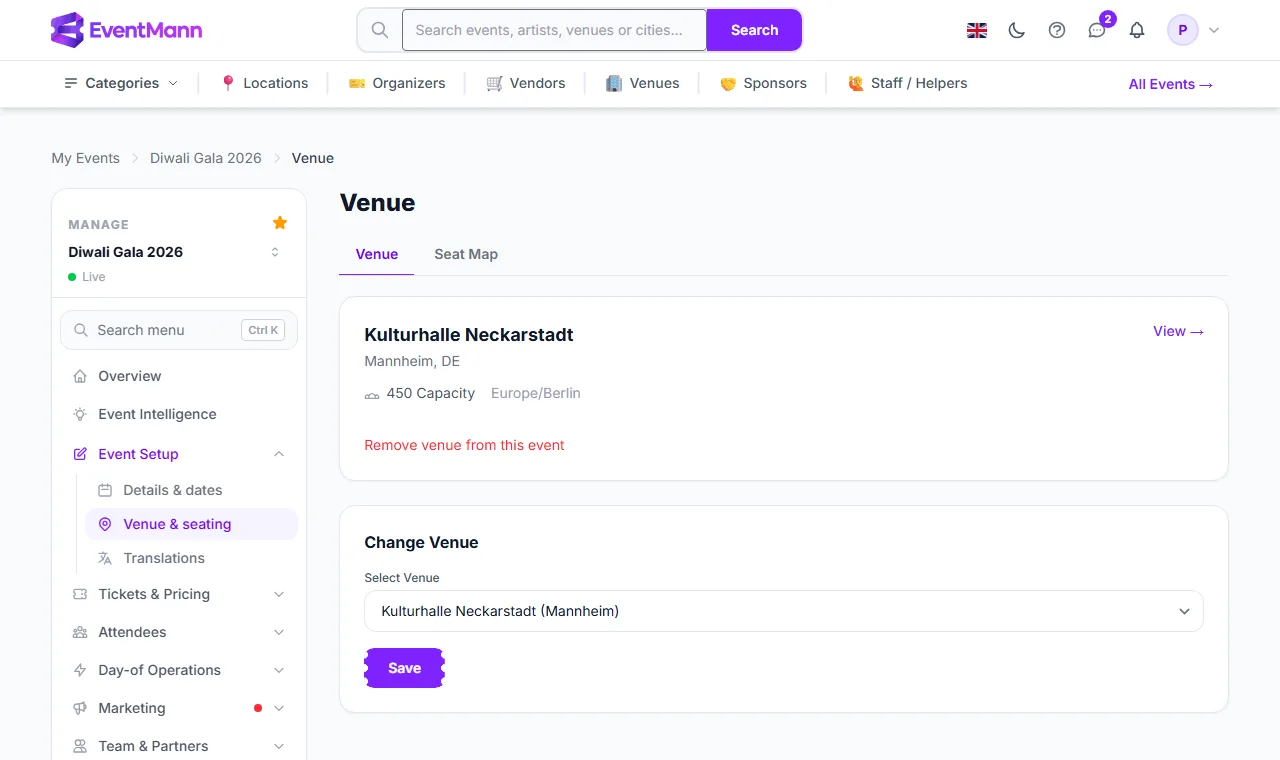 The Venue tab with a venue assigned