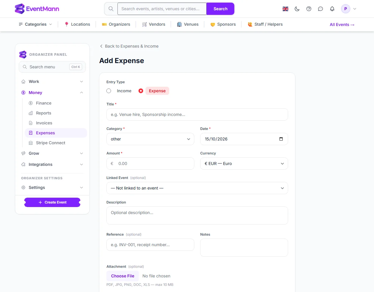 The Add Expense form