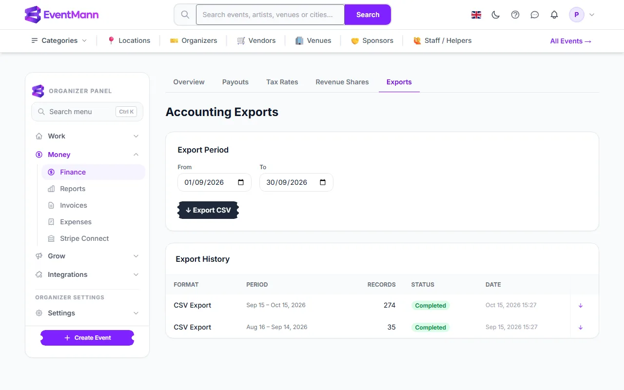The Exports page with the period selector and the history