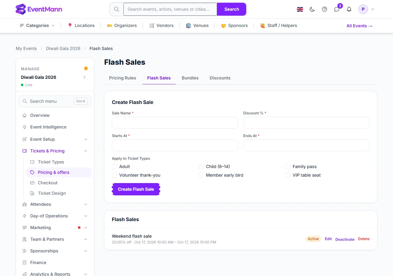 The Flash Sales page: the form and a scheduled sale