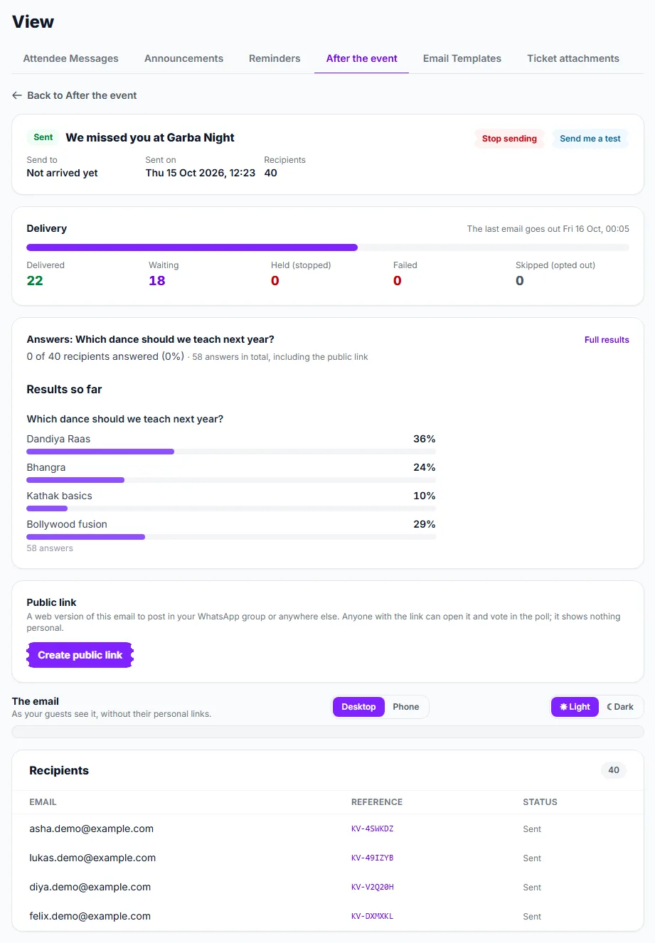 A follow-up that is still going out: 22 delivered, 18 waiting, with Stop sending and the poll results