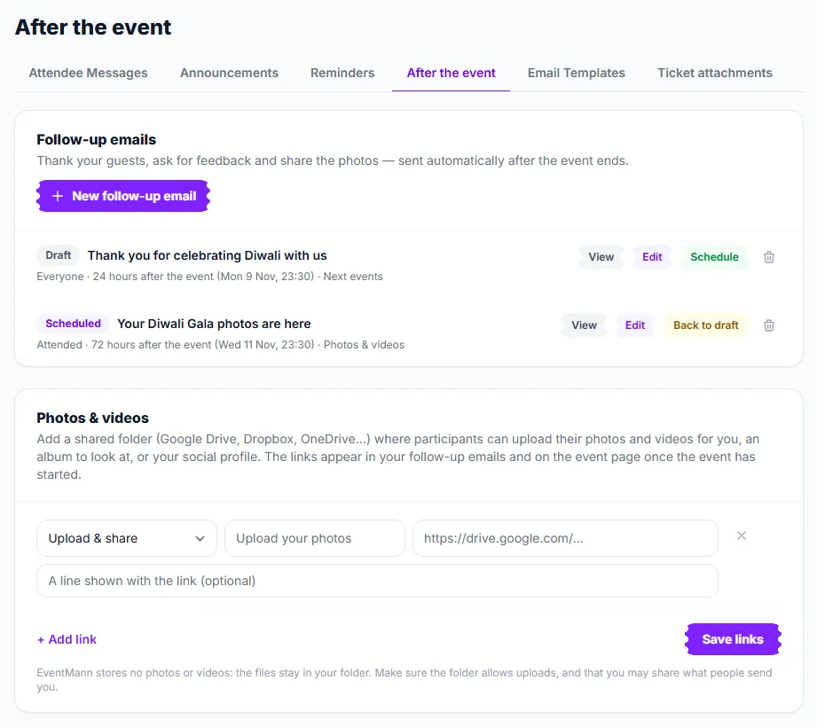 The After the event tab with a draft and a scheduled follow-up, and the Photos & videos links below
