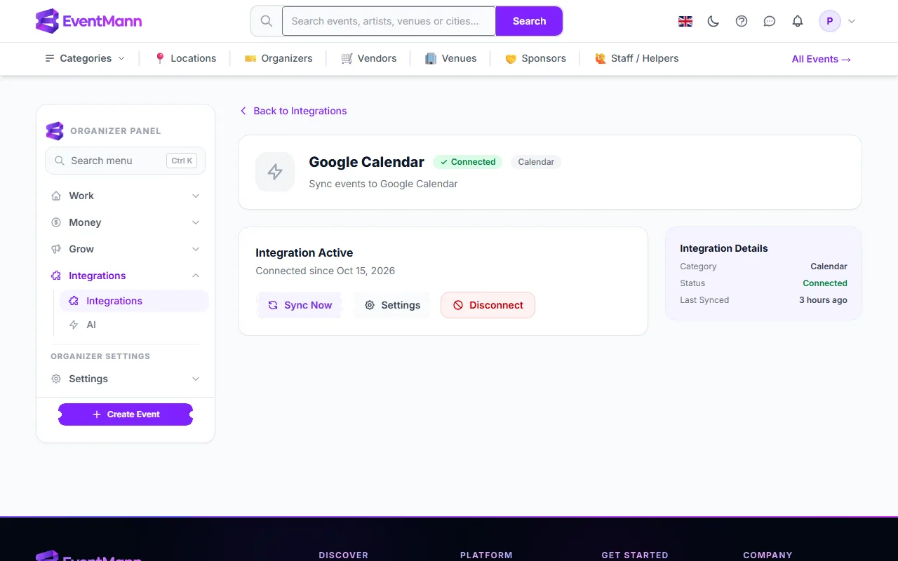 A connected Google Calendar: Sync Now, Settings and Disconnect