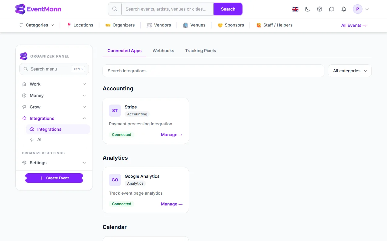 Connected Apps: search, categories and the cards with their Manage link