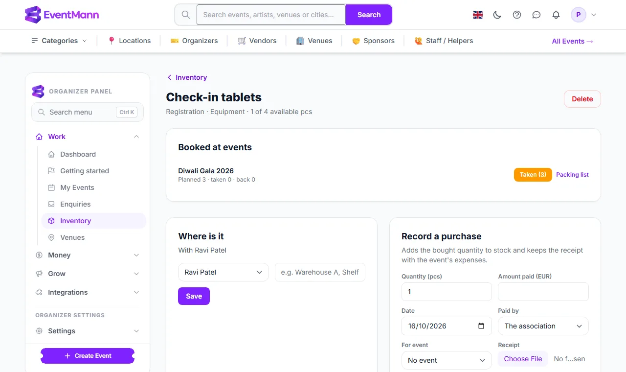 An item page with the Booked at events panel and its one-tap buttons