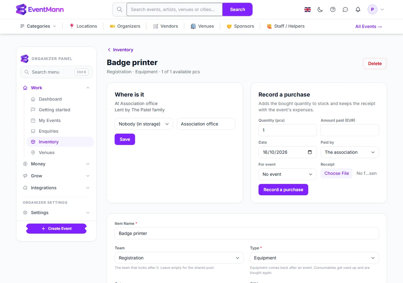 An item page with the Where is it panel beside Record a purchase