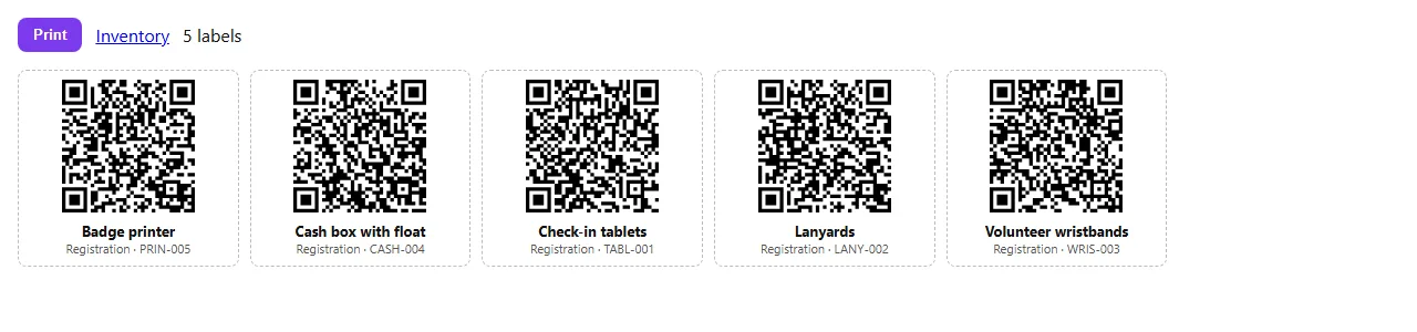 The label sheet for the Registration team