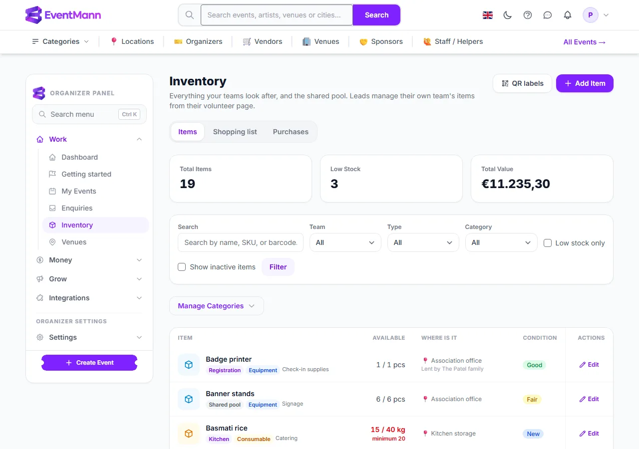 The Inventory page with the totals, the filters and one row per item