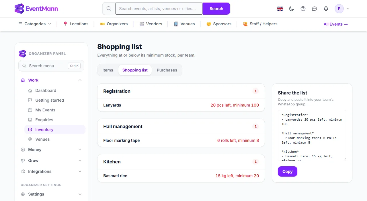 The shopping list per team, with the text ready to copy into a WhatsApp group