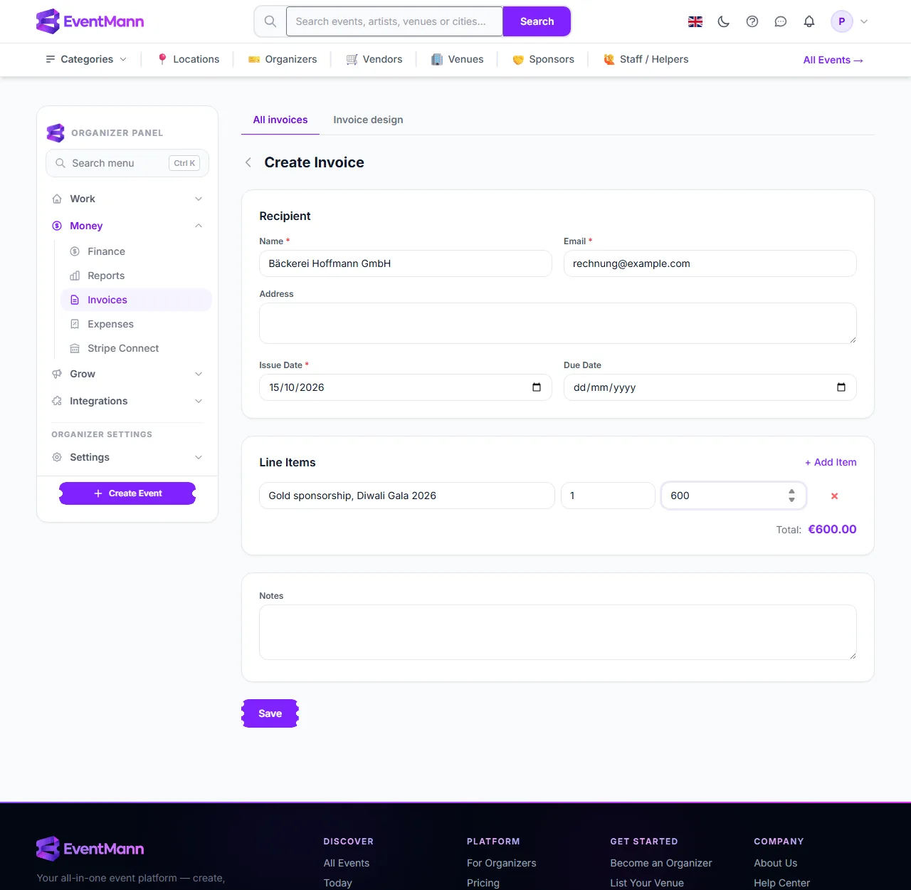 The Create Invoice form with a sponsorship line item