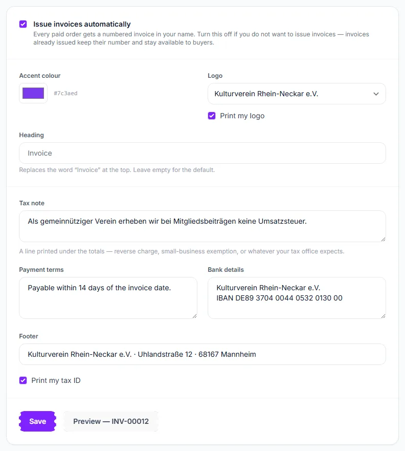 The Invoice design form