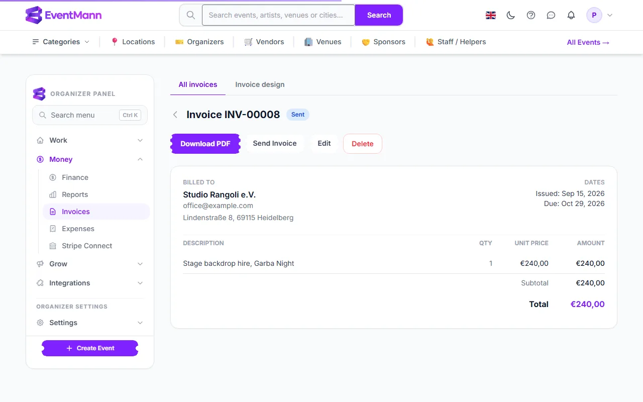 An invoice with its download, send, edit and delete actions