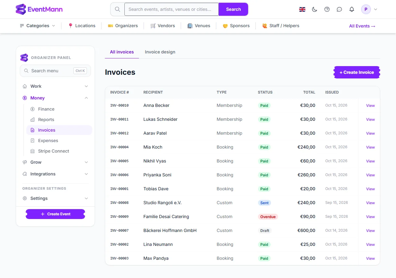The invoice list with order receipts, membership receipts and custom invoices