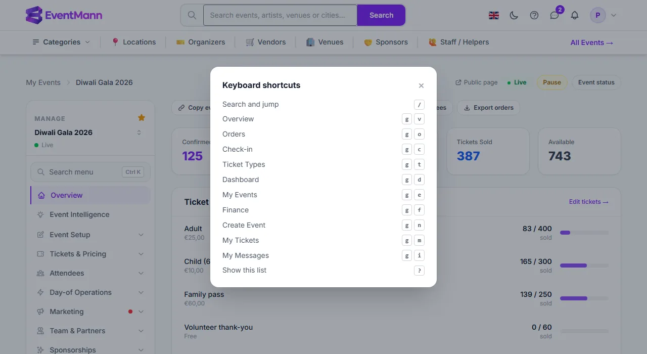 The keyboard shortcuts list on an event’s Overview