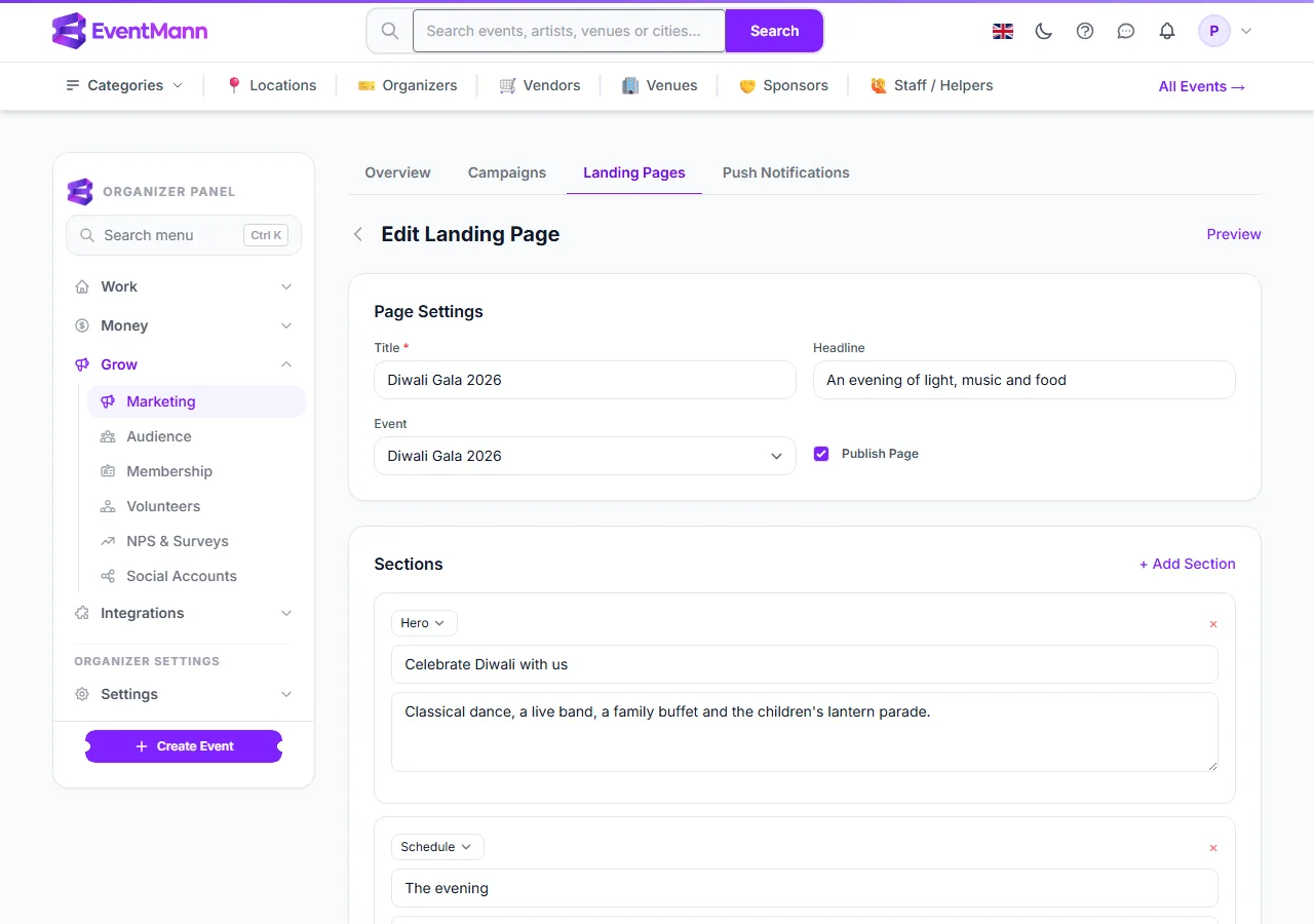 The landing page editor: page settings at the top, sections below