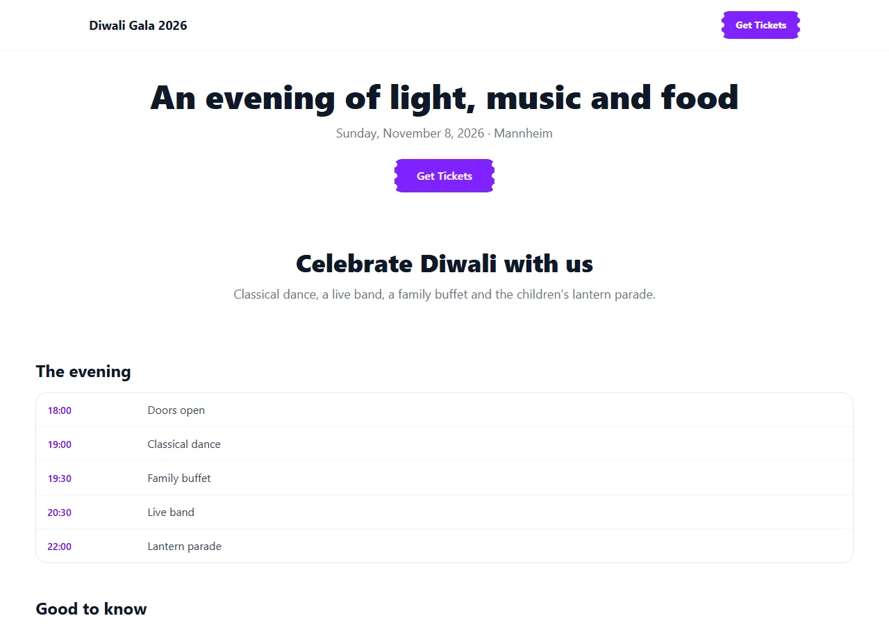 The published page as a visitor sees it