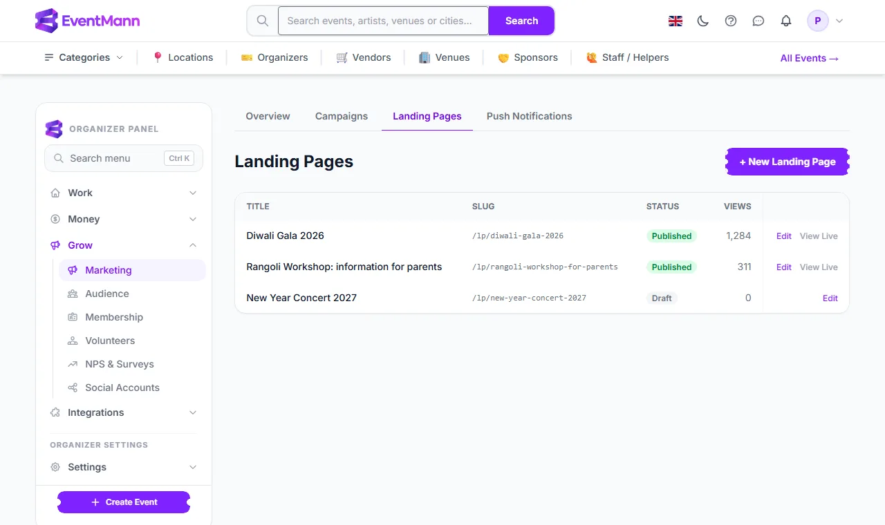 The Landing Pages list with a published page and a draft