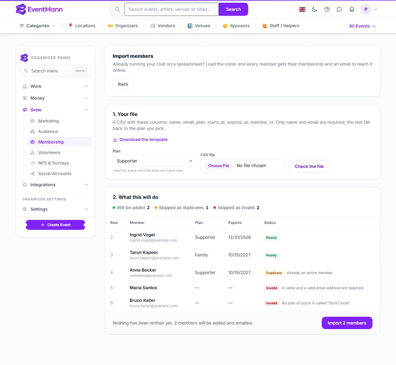 The review step with ready, duplicate and invalid rows