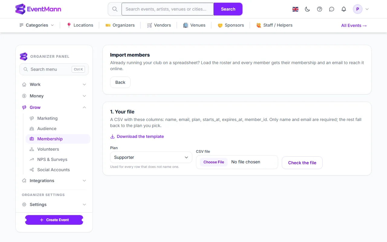 The import page: template, default plan and file