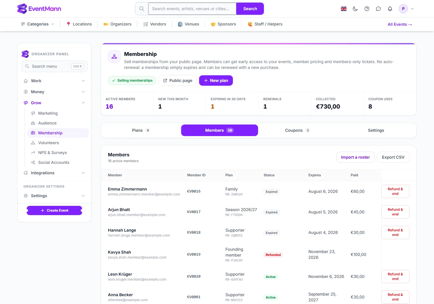 The Members tab with member IDs, statuses and actions